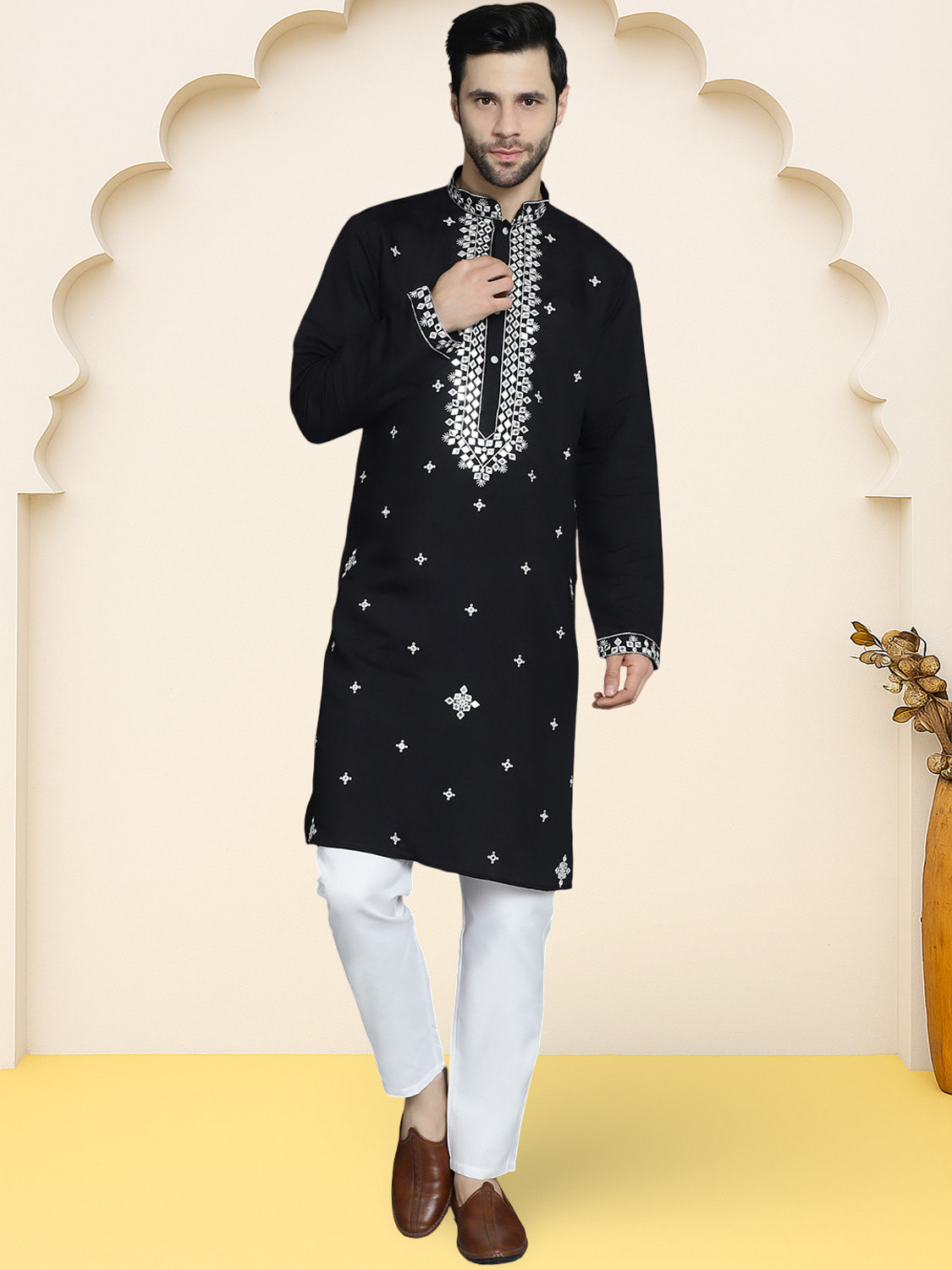 Image of Jompers Embroidered Silk Blend Straight Kurta for Men (Black)