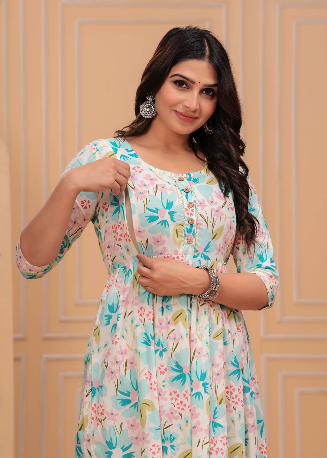 PIROKI Women Printed Pure Cotton Anarkali Kurta (Dark Blue)