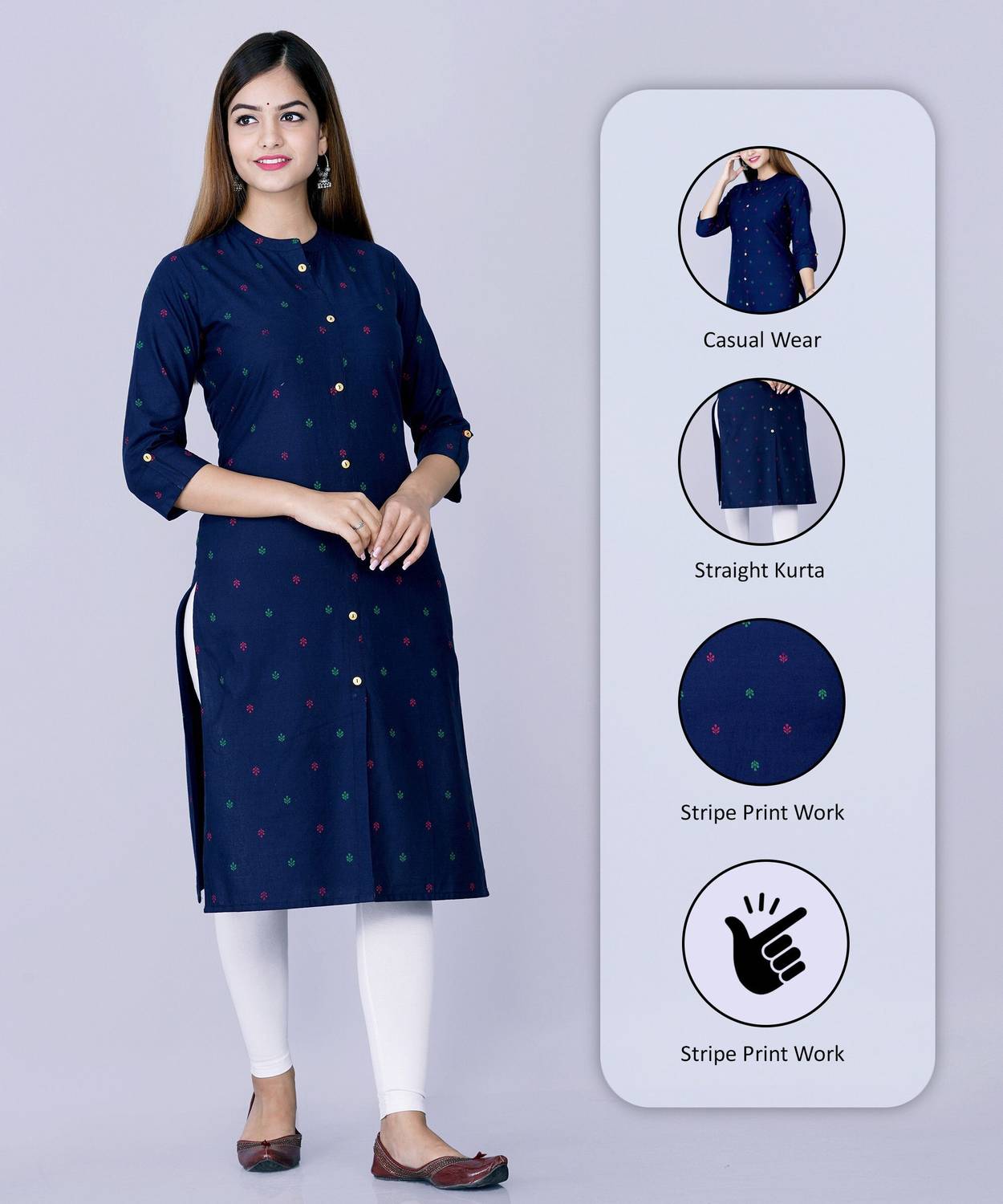 Glowworld Women Printed Pure Cotton Straight Kurta (Blue)