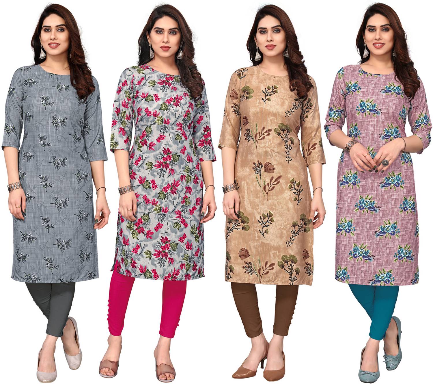 KETAKI FASHION Pack of 4 Women Printed Crepe Straight Kurta (Mult