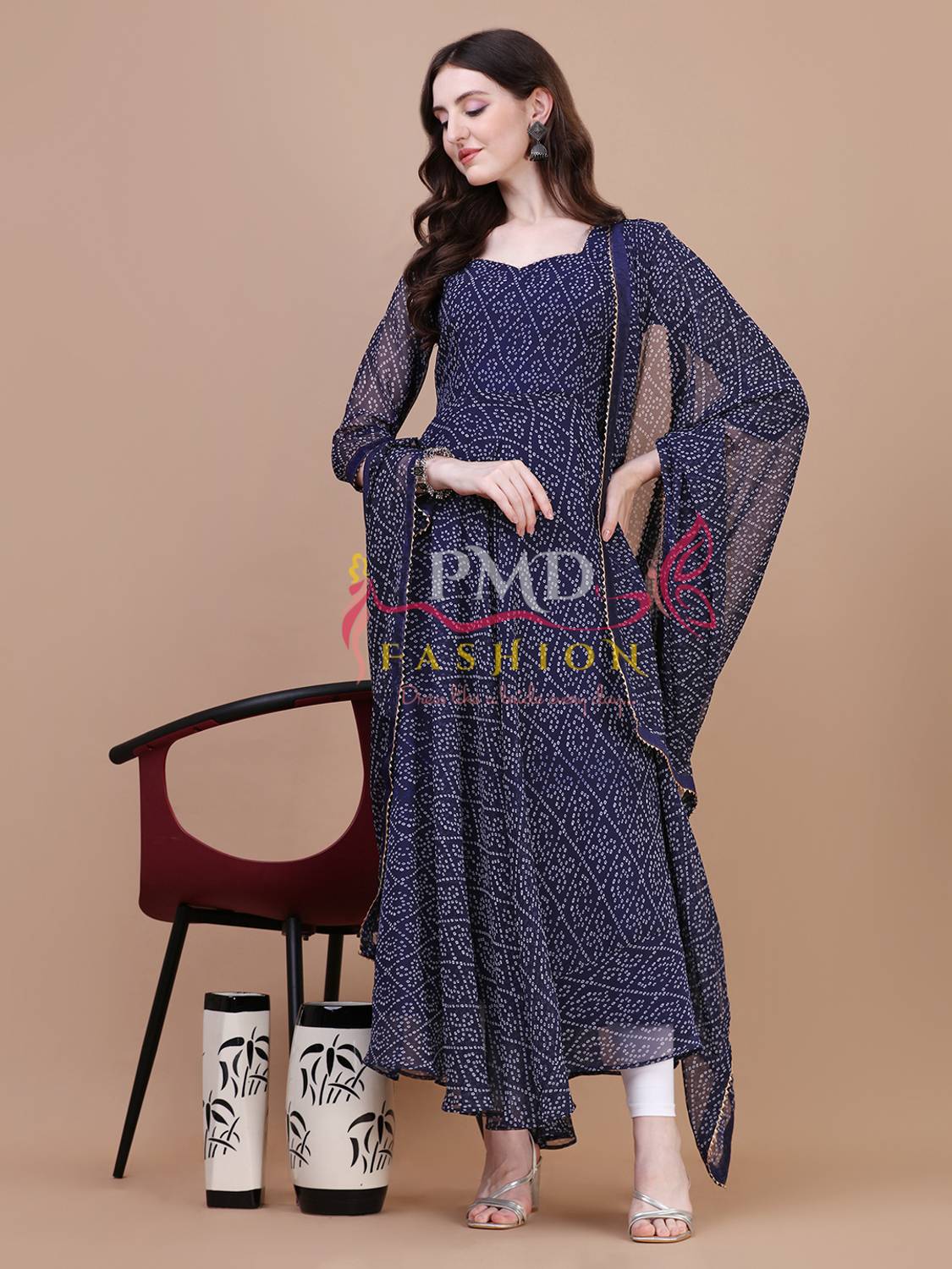 PMD Fashion Women Bandhani Georgette Anarkali Kurta With Attached