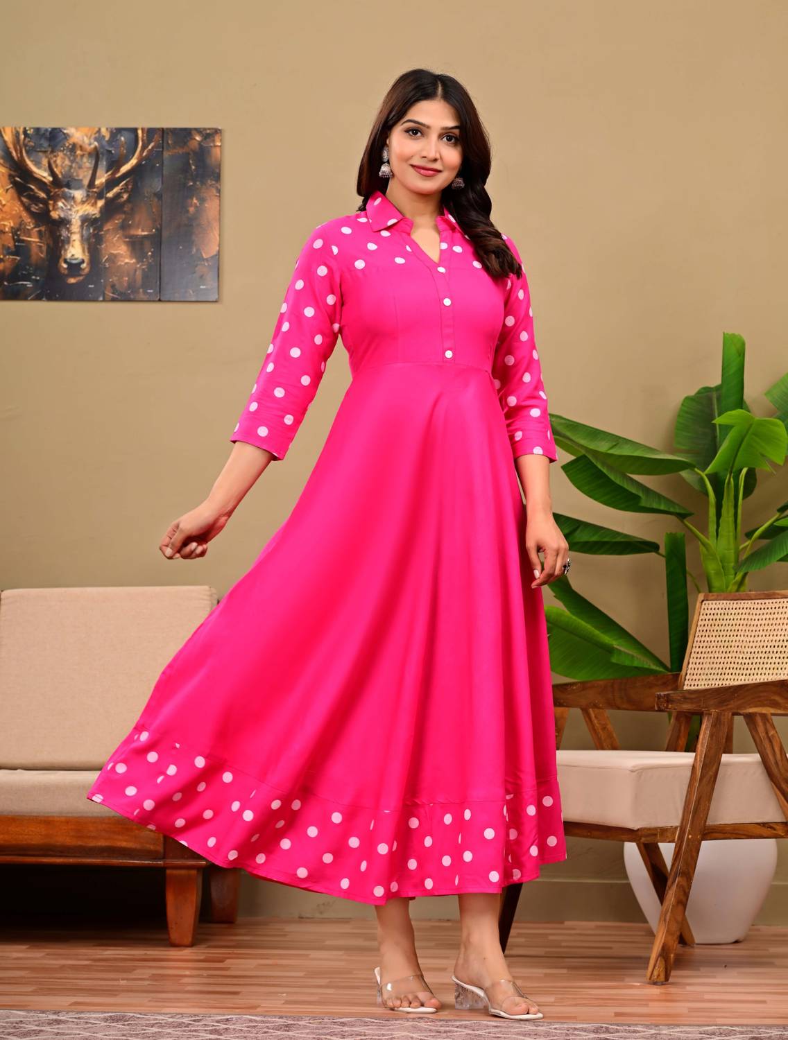 DARGU Women Polka Print Viscose Rayon Anarkali Kurta (Pink)