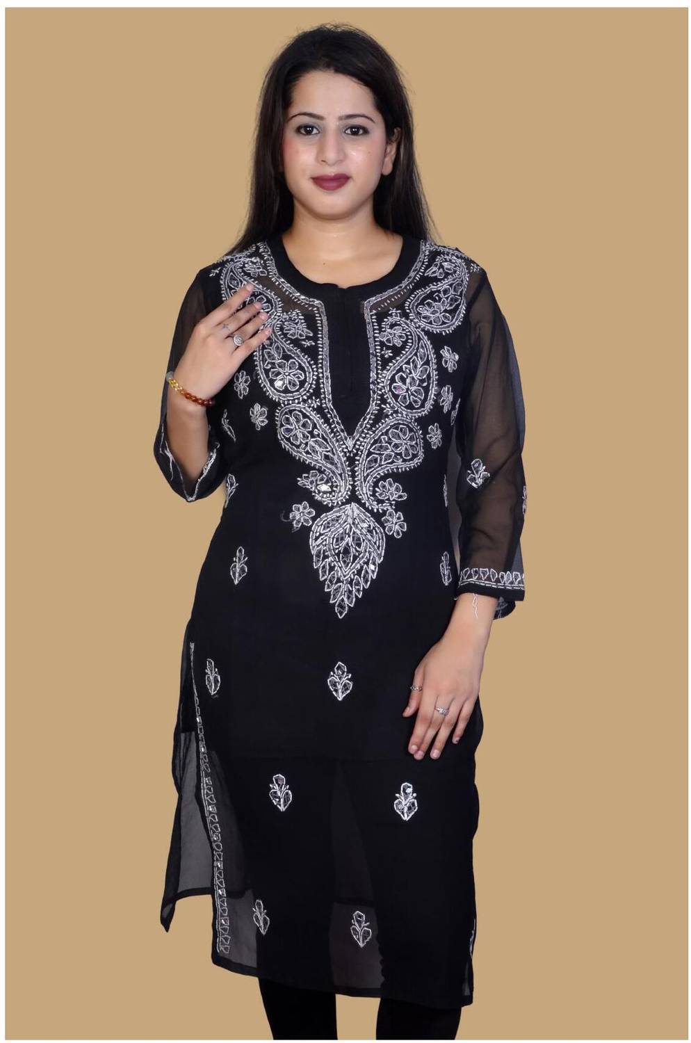 Hahatcloset Women Chikan Embroidery Georgette Straight Kurta (Bla