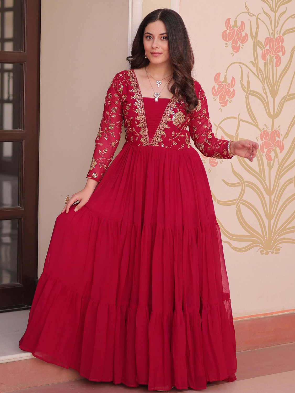 Image of Lazzly Women Embroidered, Woven Design Flared Kurta