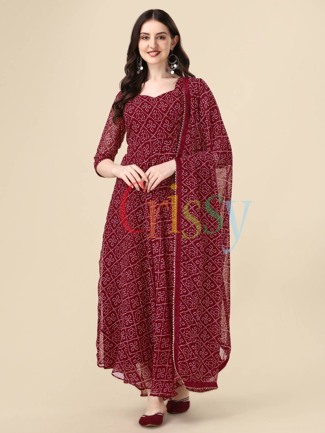 Crissy Women Bandhani Georgette Anarkali Kurta With Attached Dupa