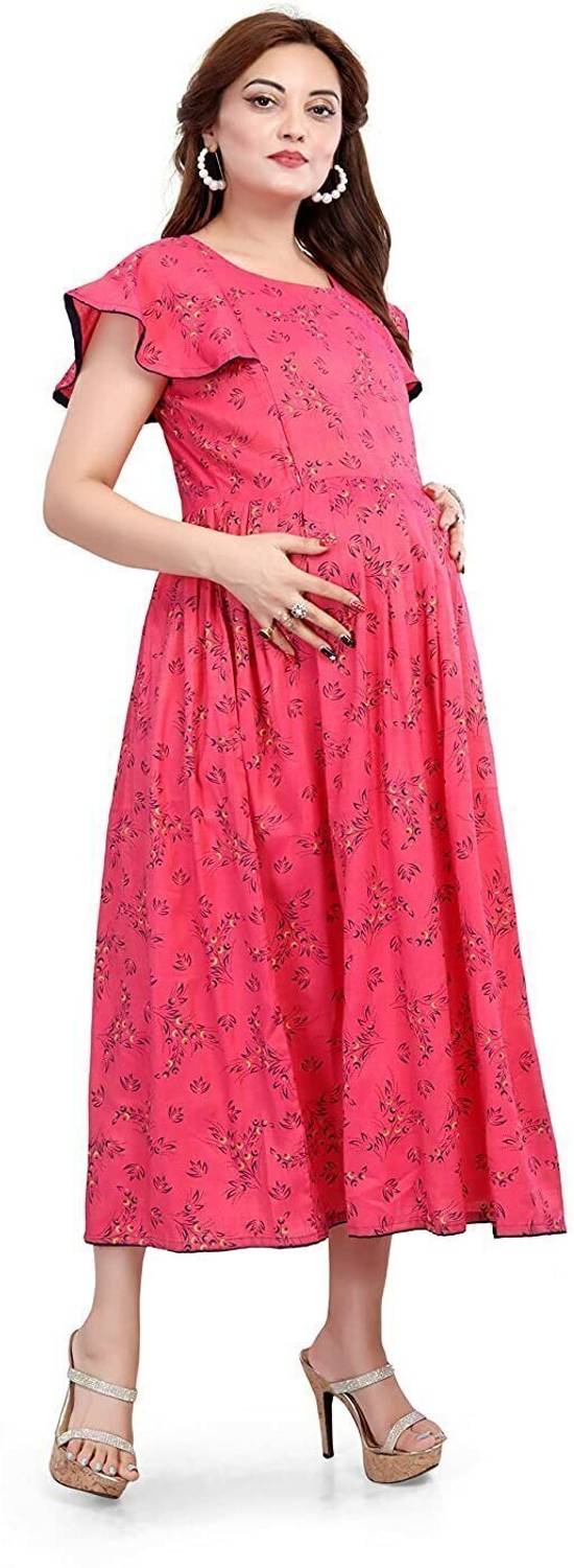 Mom&bae Women Printed Cotton Blend A-line Kurta (Pink)