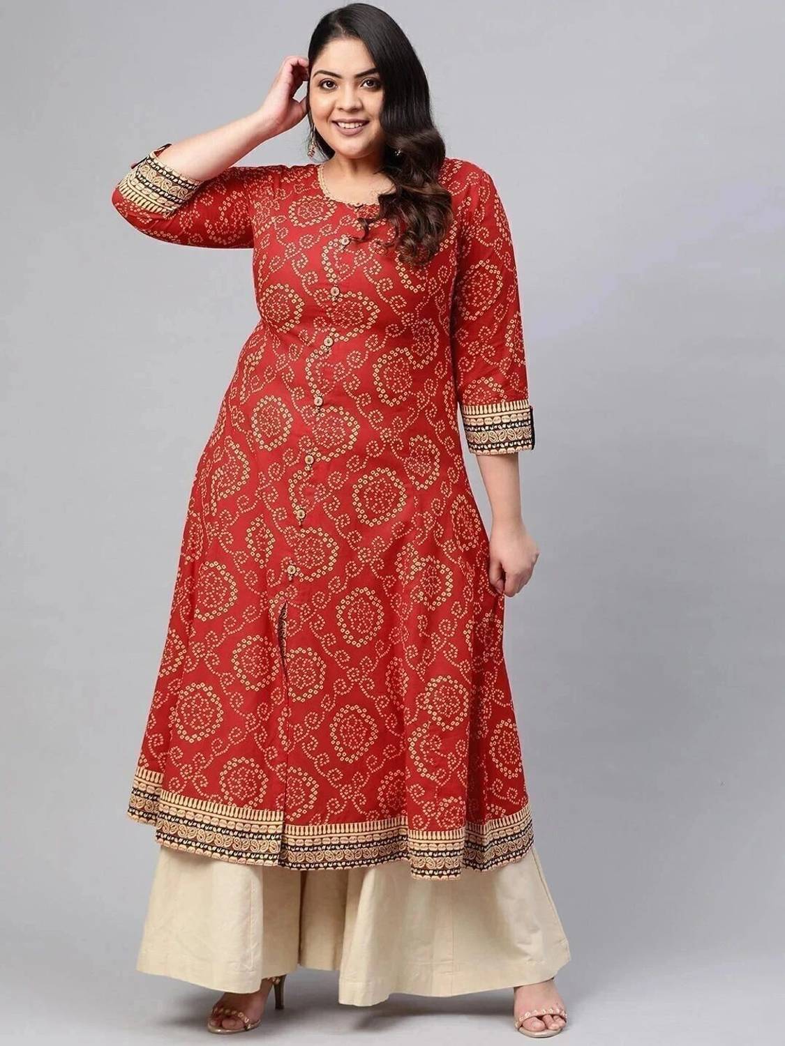 Yash Gallery Women Printed Pure Cotton Anarkali Kurta (Red)