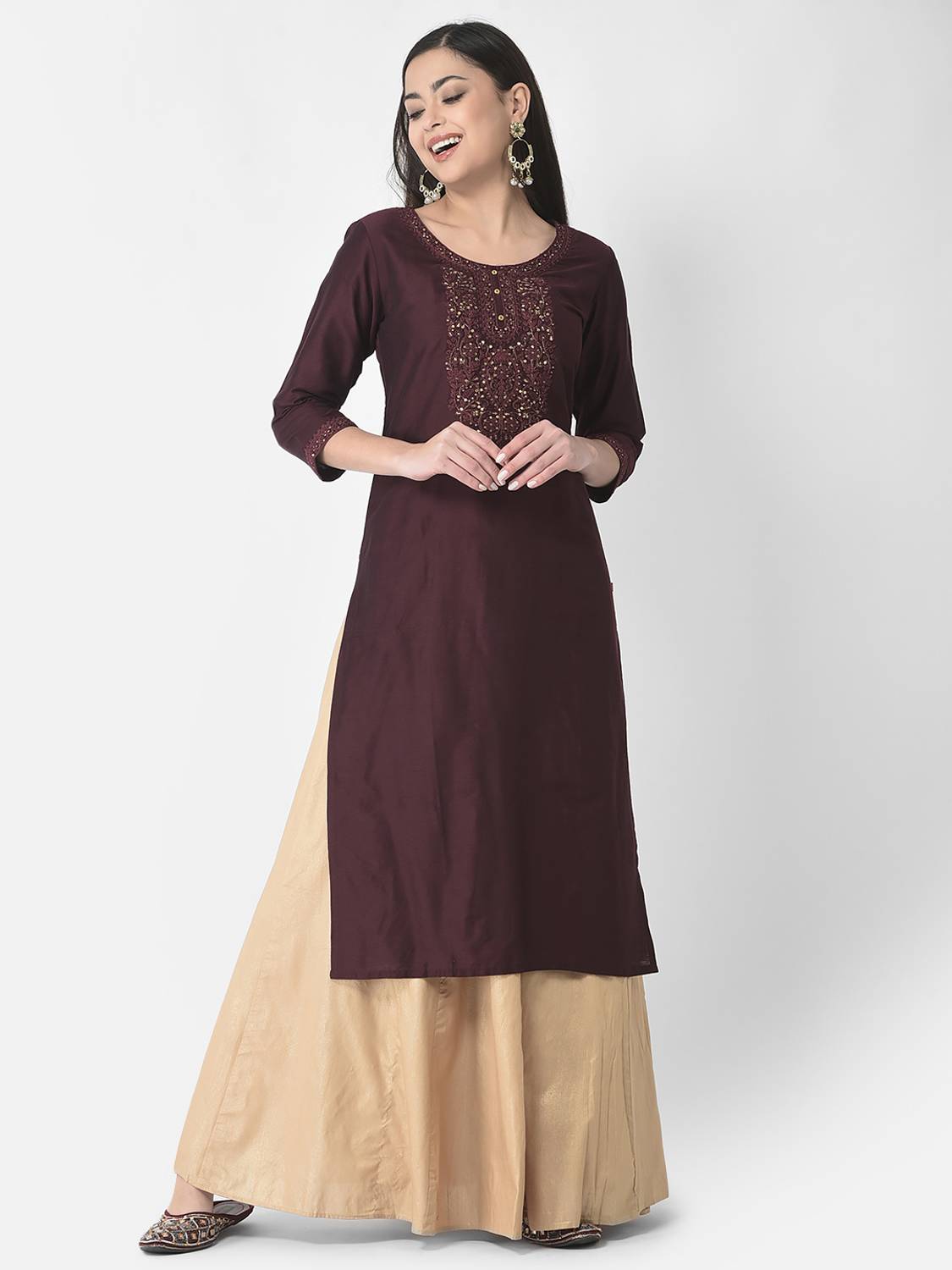Span Women Self Design Pure Silk Straight Kurta (Brown)