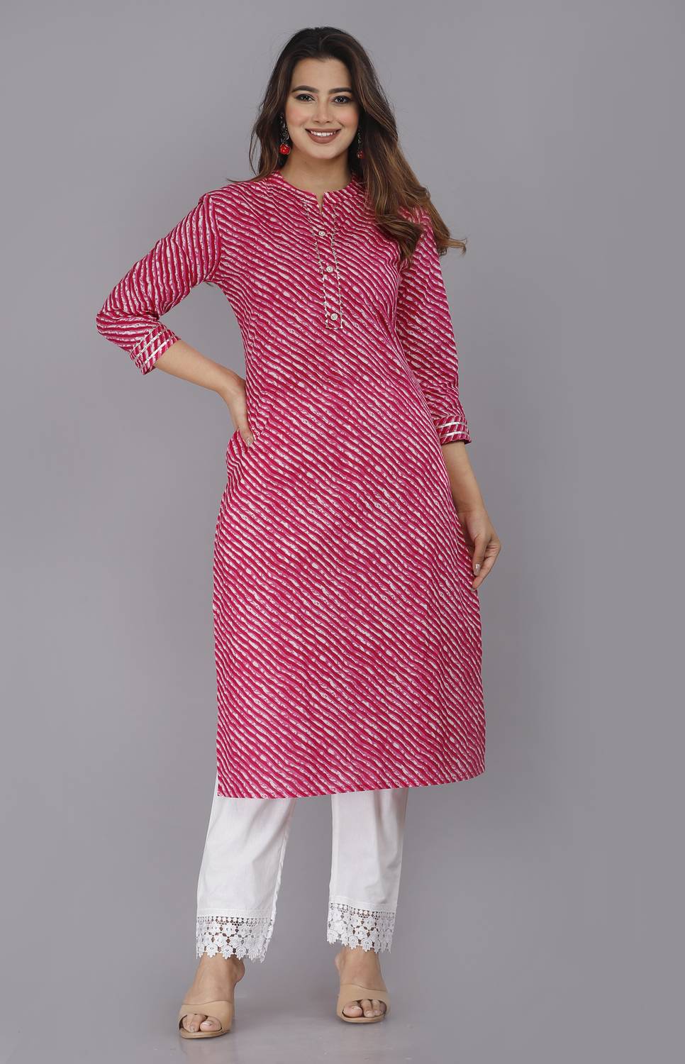 Rani Prints Jaipur Women Leheriya Pure Cotton Straight Kurta (Pin