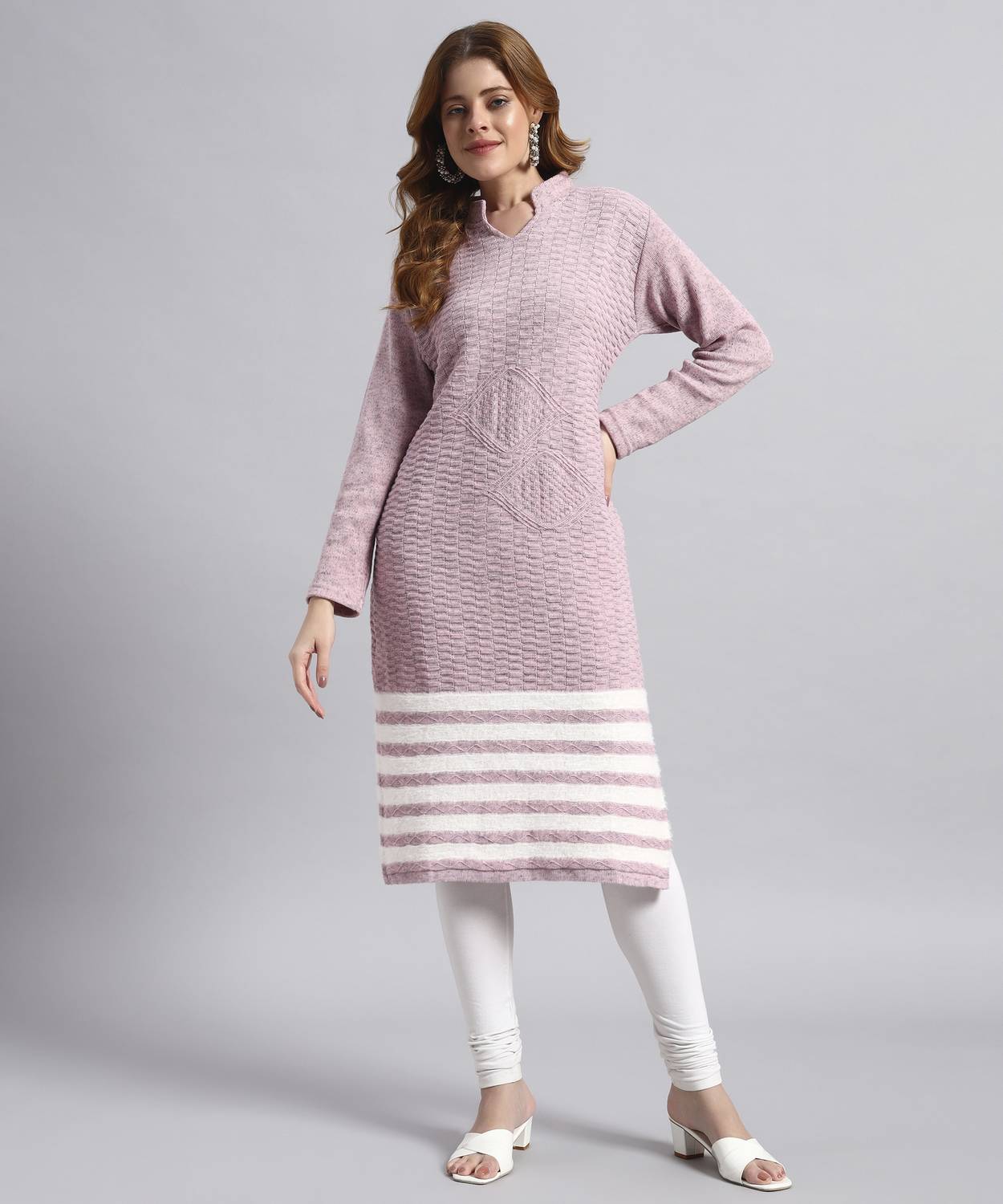 HEMLOCK Women Striped Wool Straight Kurta (Pink)