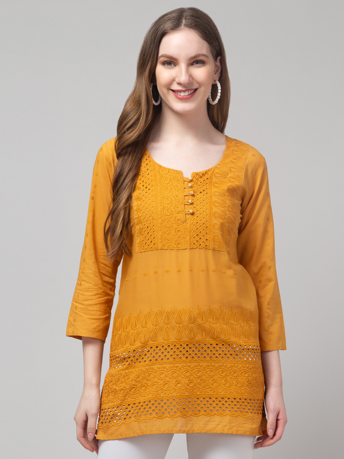 Image of DIAMOND RUBY Chikan Embroidery Pure Cotton A-line Kurta for Women (Yellow)