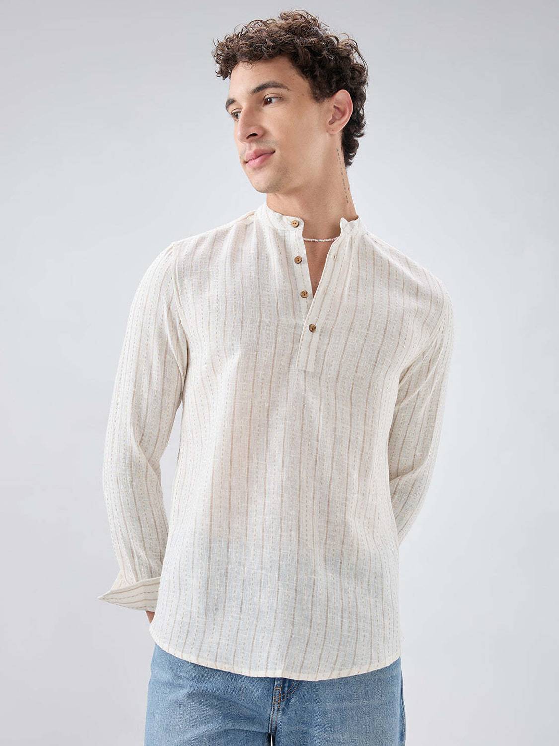 VASTRADO Men White Striped Straight Kurta - Image 5