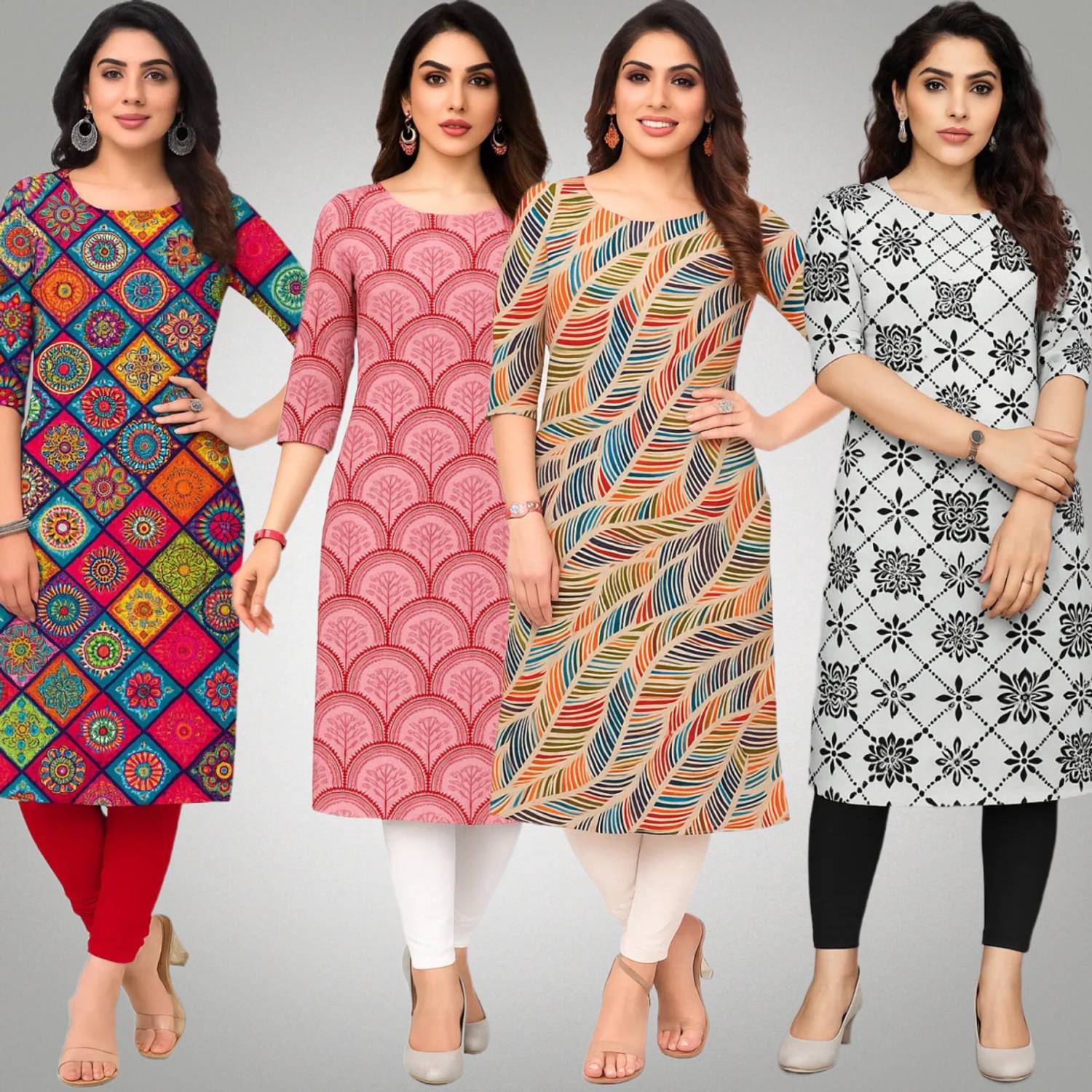 veemora Pack of 4 Women Printed Crepe Straight Kurta (Multicolor)