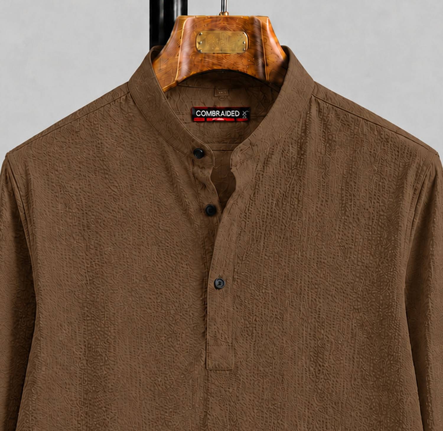 COMBRAIDED Men Brown Self Design Straight Kurta - Image 2