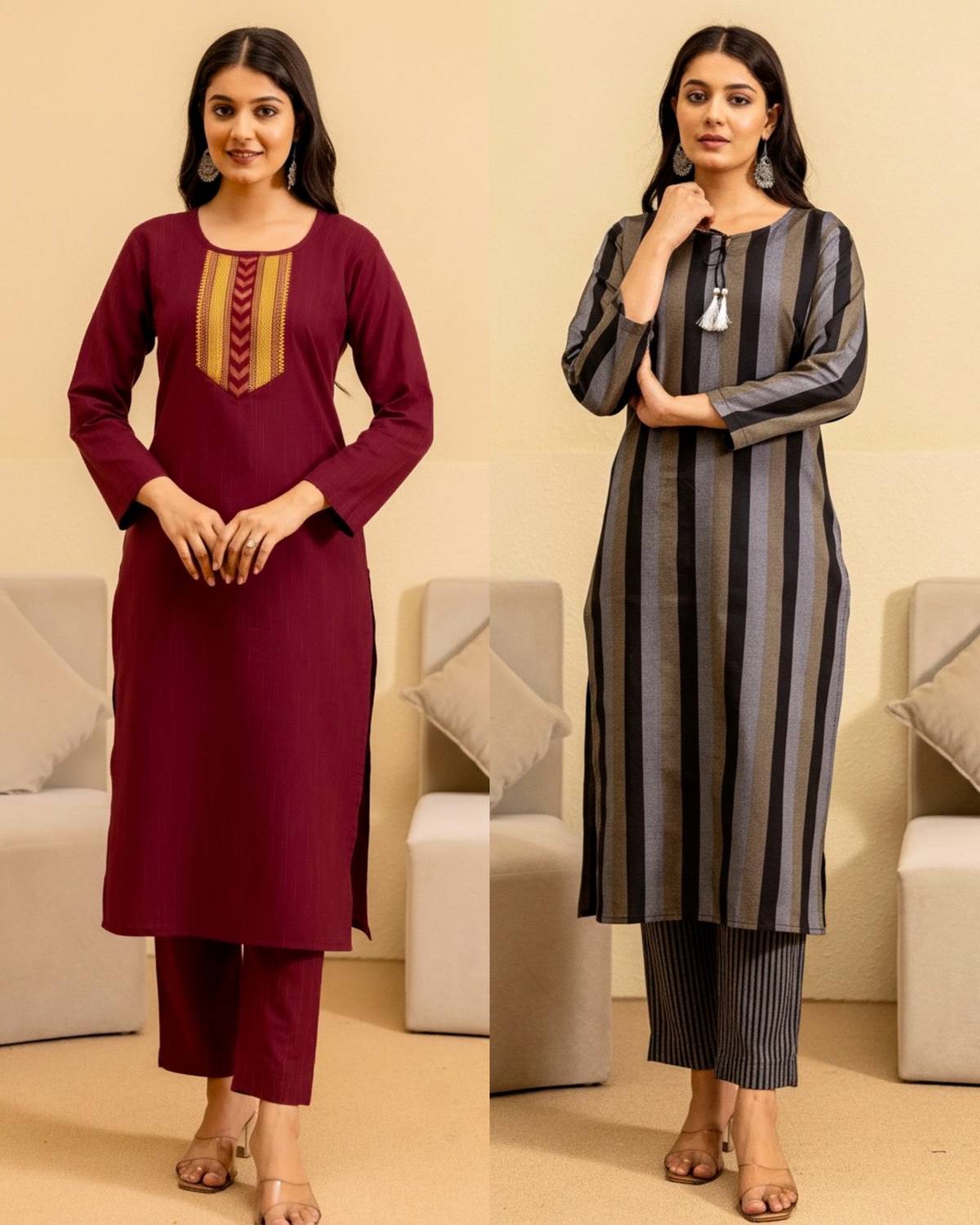 BILANZA Pack of 2 Women Striped Cotton Blend Straight Kurta (Maro