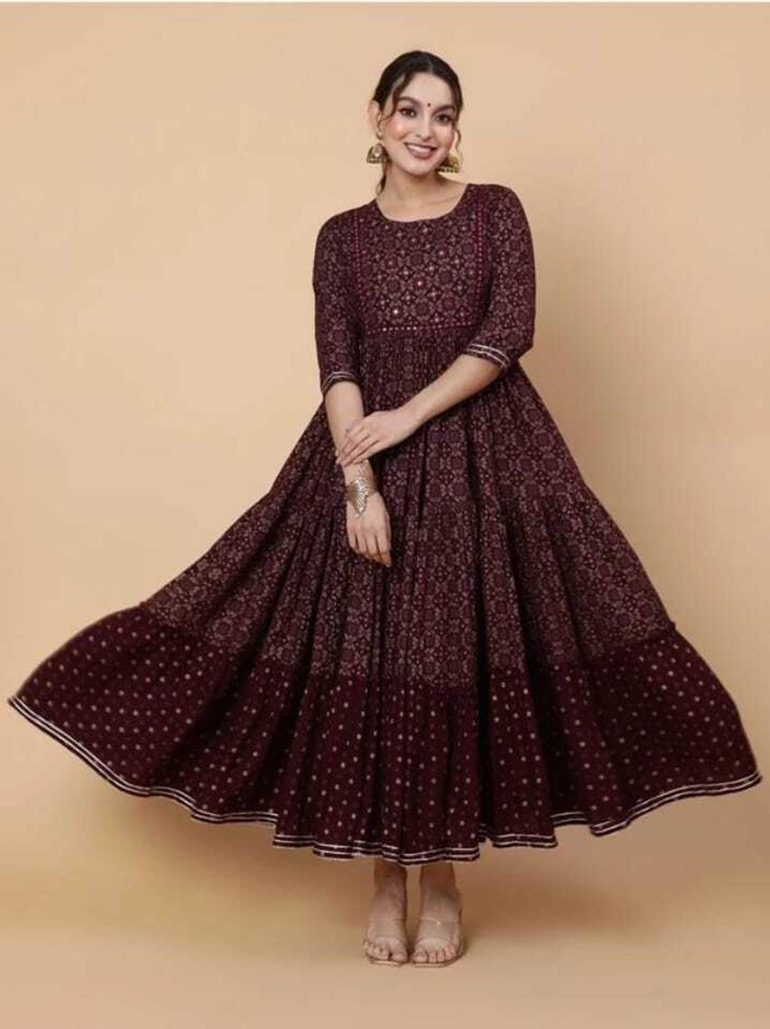 KAWDI FASHION Women Printed Viscose Rayon Flared Kurta (Maroon)