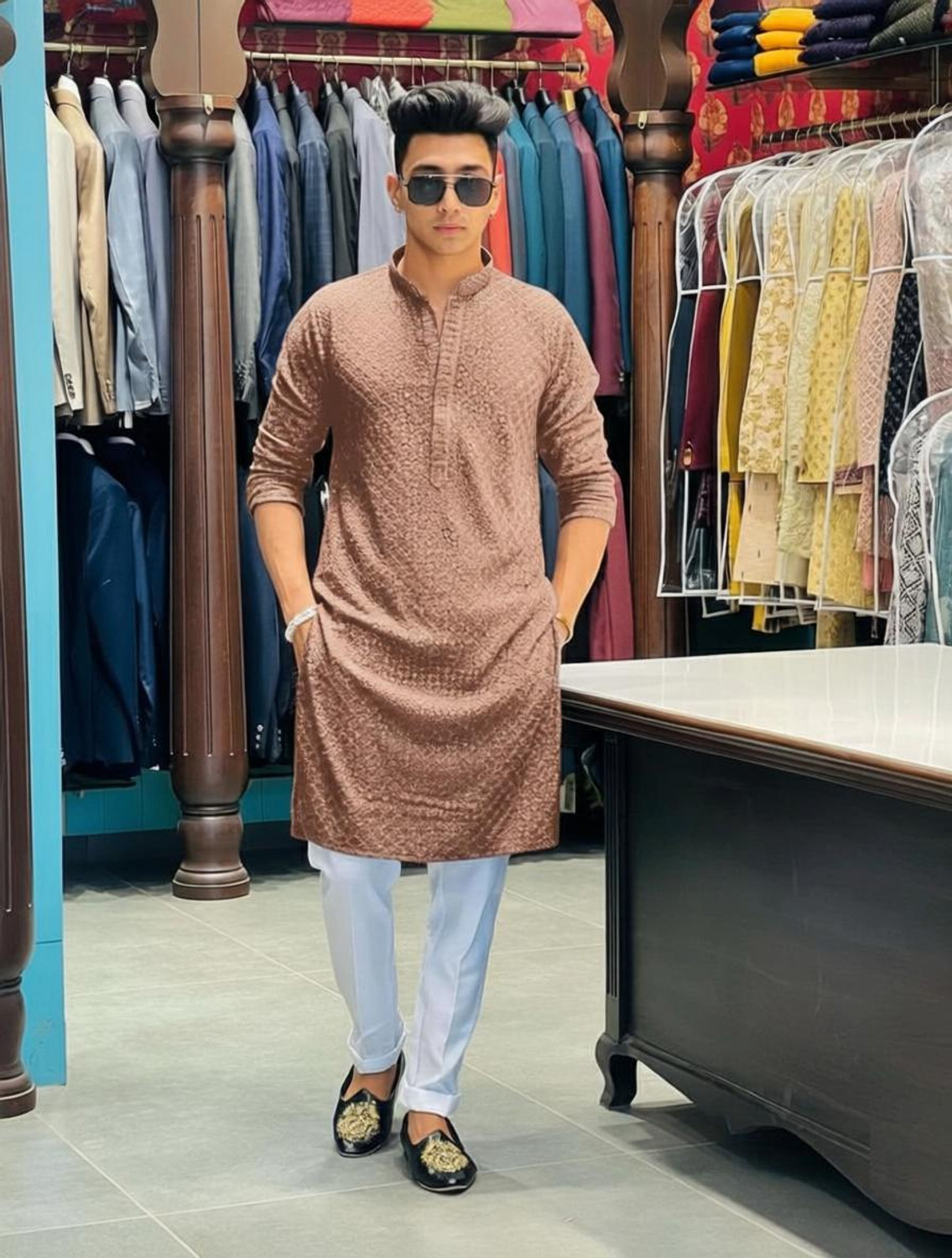 Image of ALMORA LifeStyle Chikan Embroidery Viscose Rayon A-line Kurta for Men (Beige)