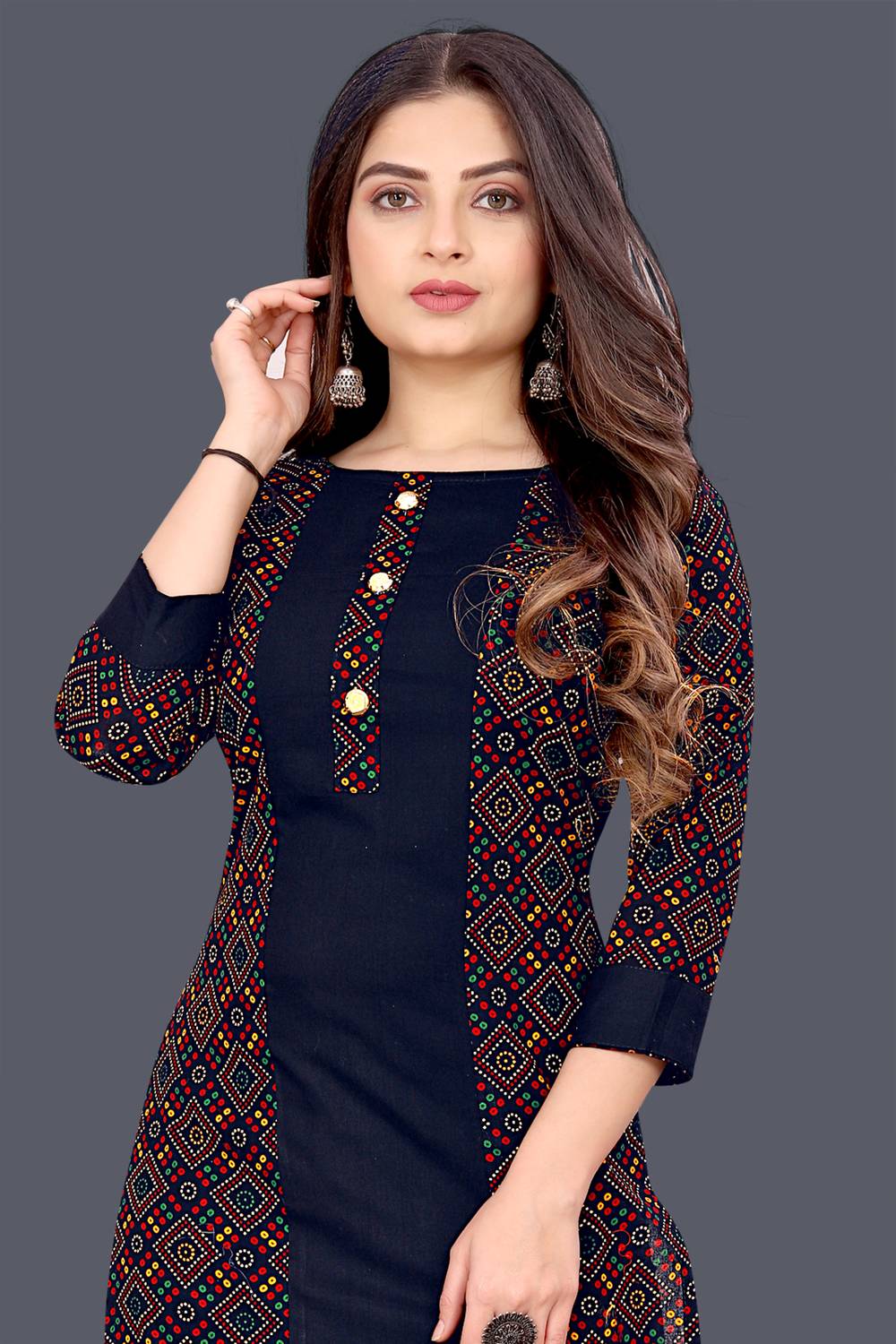 Fab Empire Women Embellished Cotton Blend Straight Kurta (Dark Bl