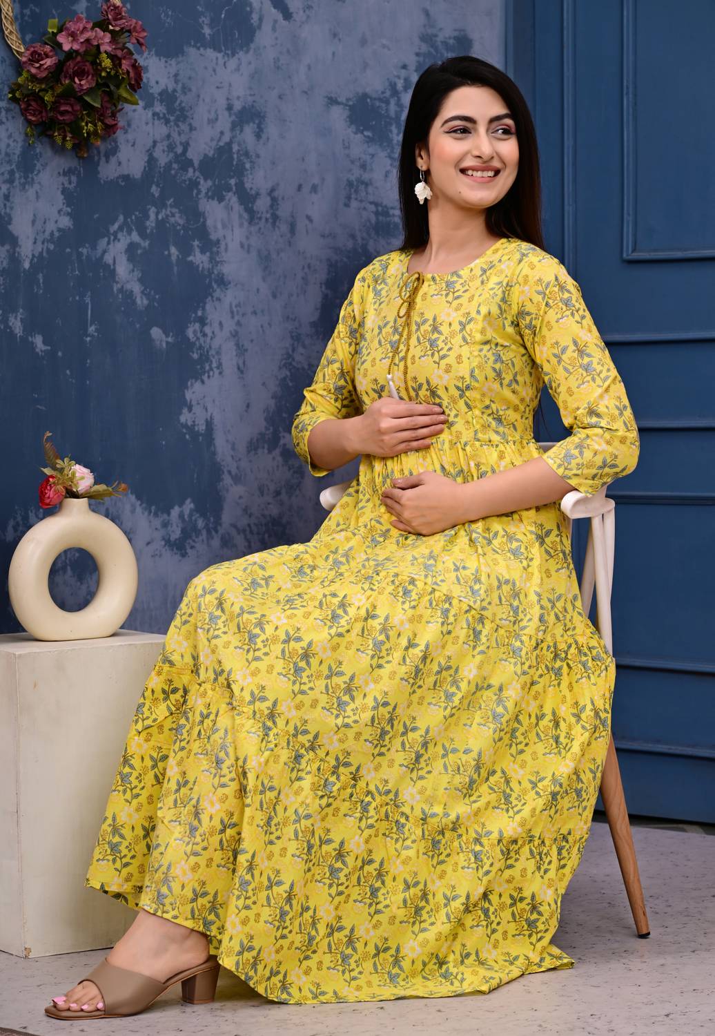 Most Women Printed Pure Cotton Flared Kurta (Yellow)