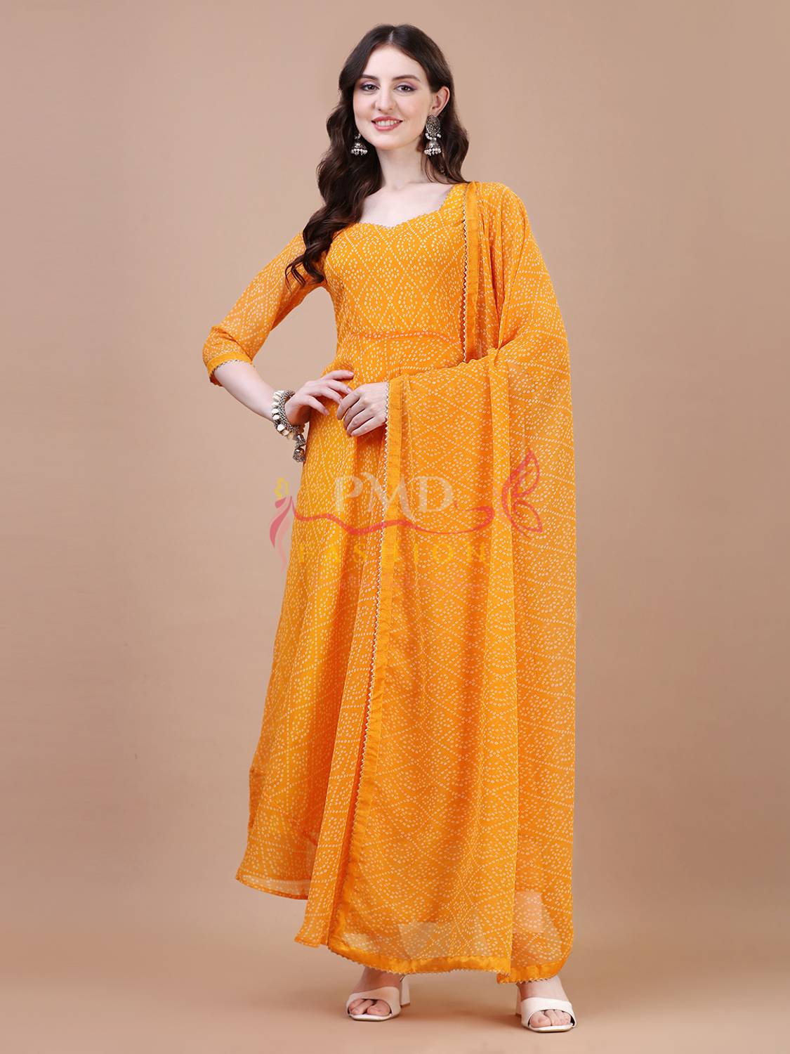 PMD Fashion Women Bandhani Georgette Anarkali Kurta With Attached