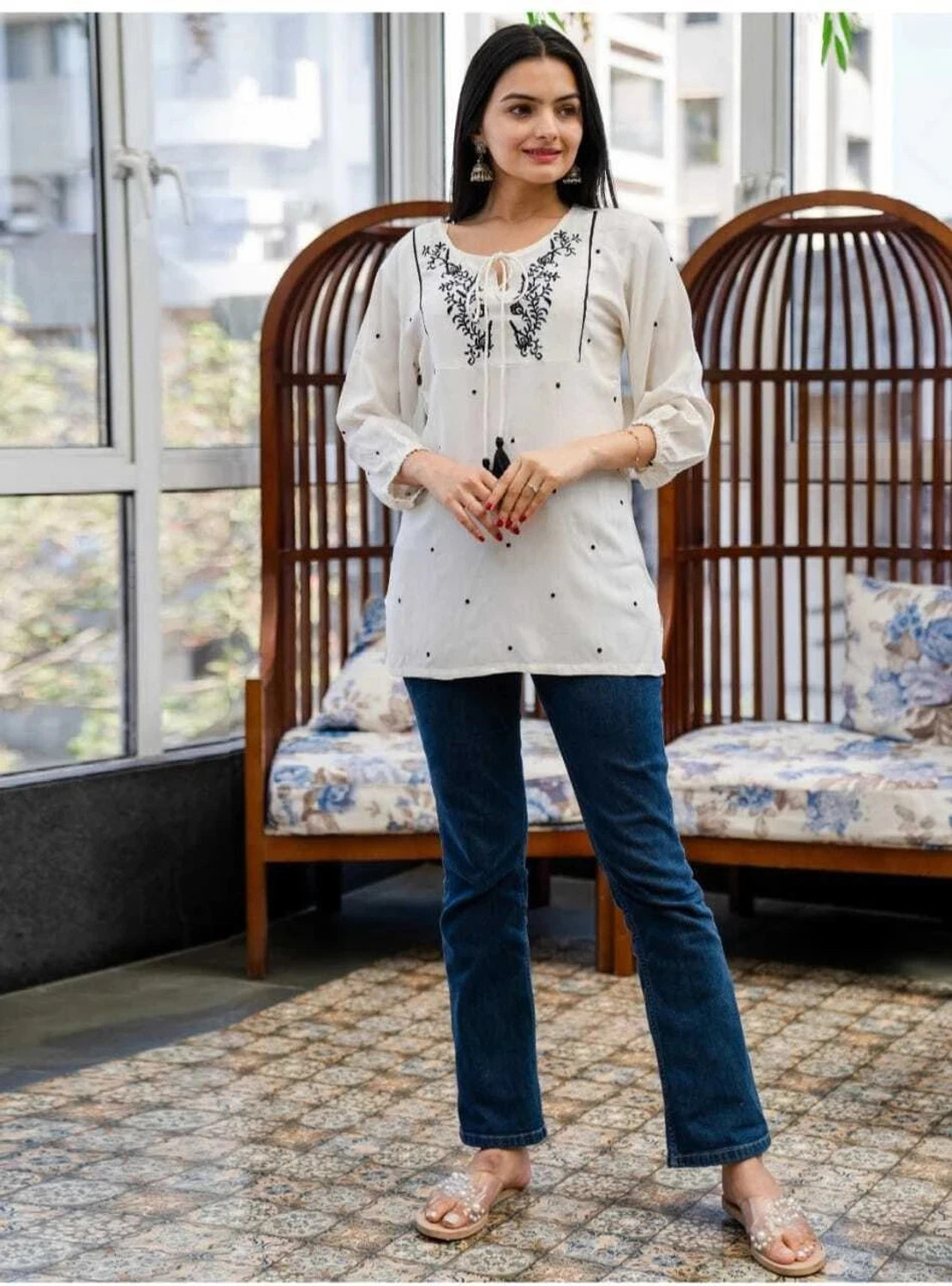 Image of HouseOfCommon Women Embroidered, Polka Print Straight Kurta