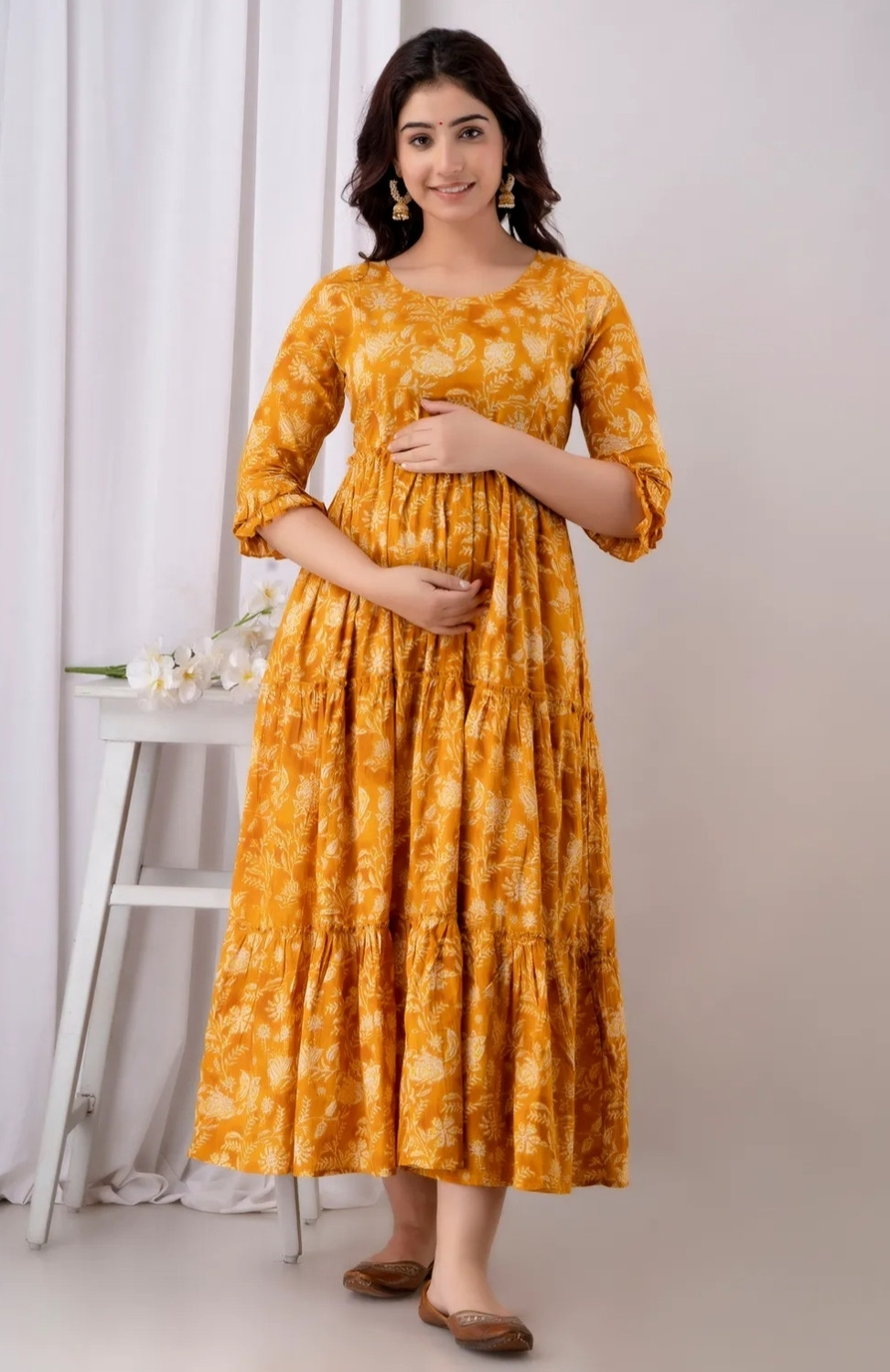 Image of GIRYYA Women Maxi Yellow Full Length Dress