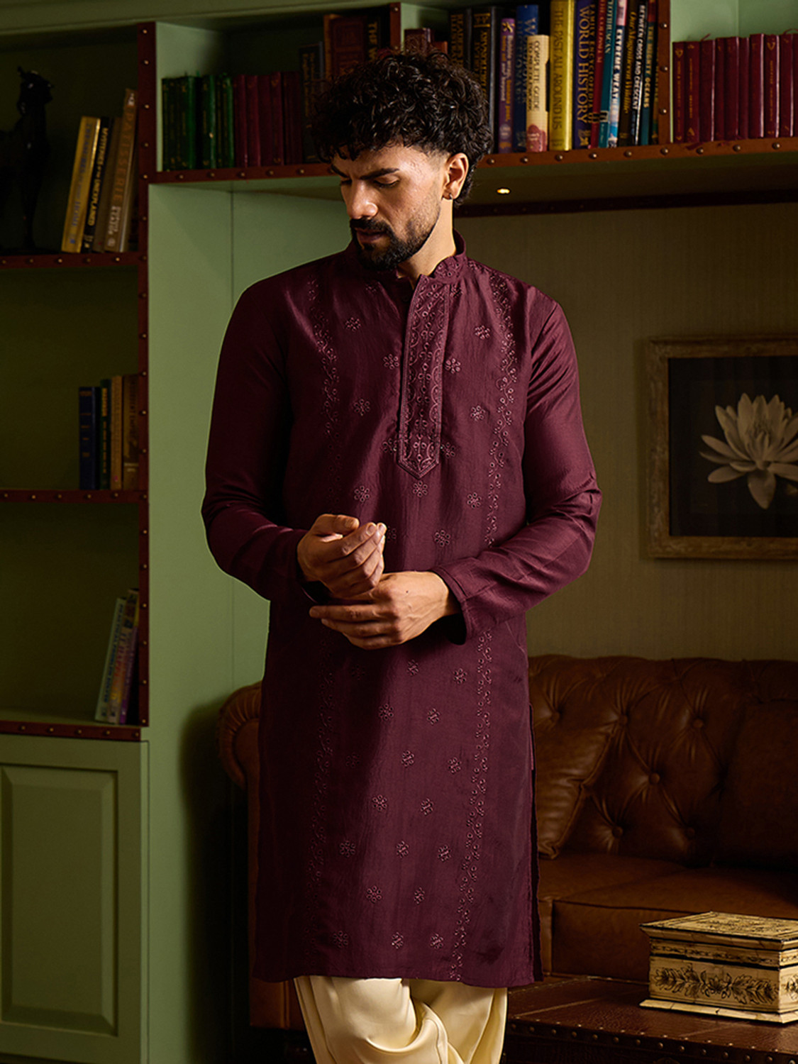 Image of CHHAAP Embroidered Silk Blend Straight Kurta for Men (Maroon)