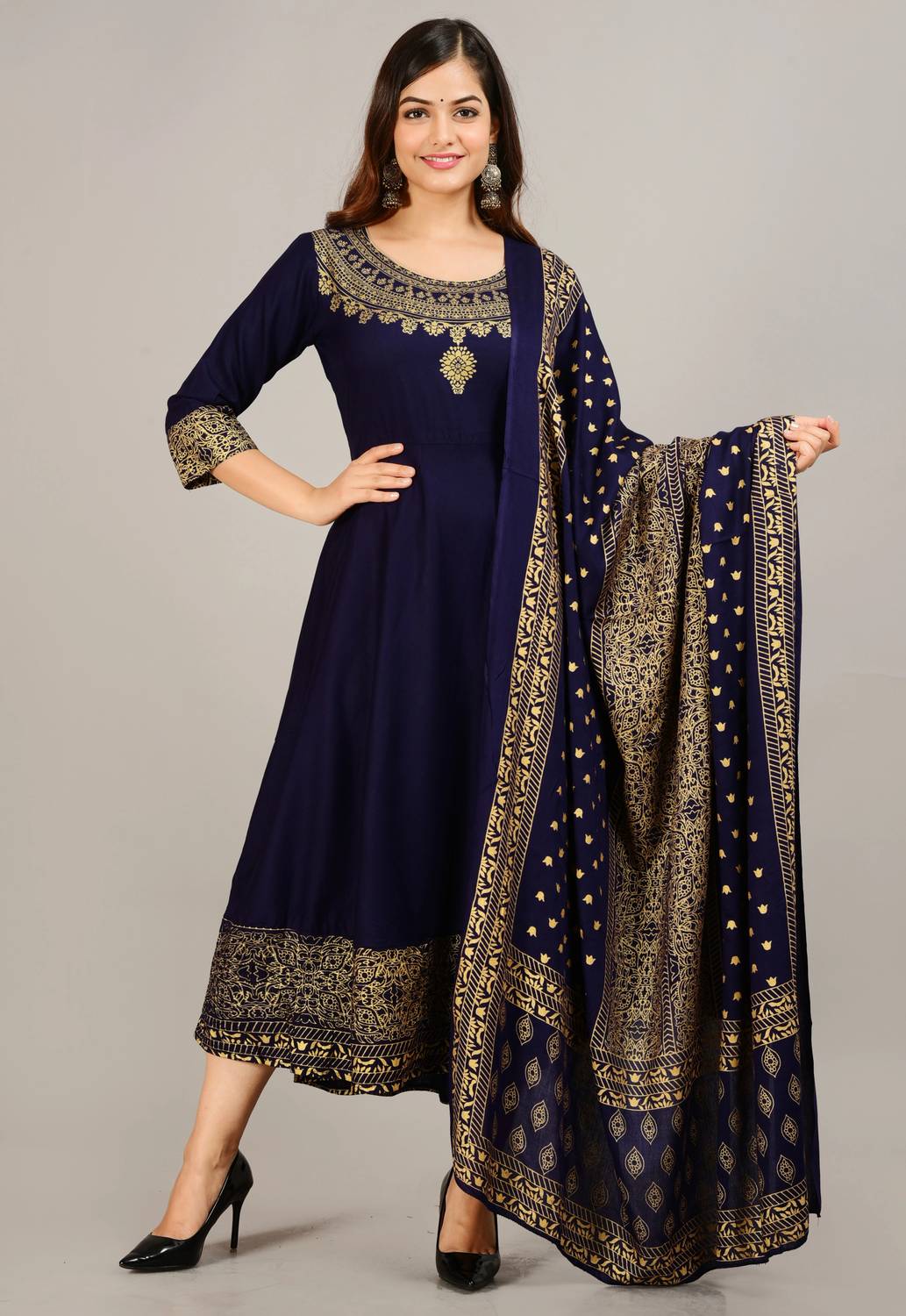 aerotick Women Printed Viscose Rayon Anarkali Kurta With Attached
