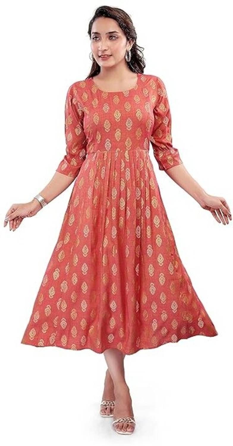 Mom&bae Women Printed Cotton Rayon Anarkali Kurta (Orange)