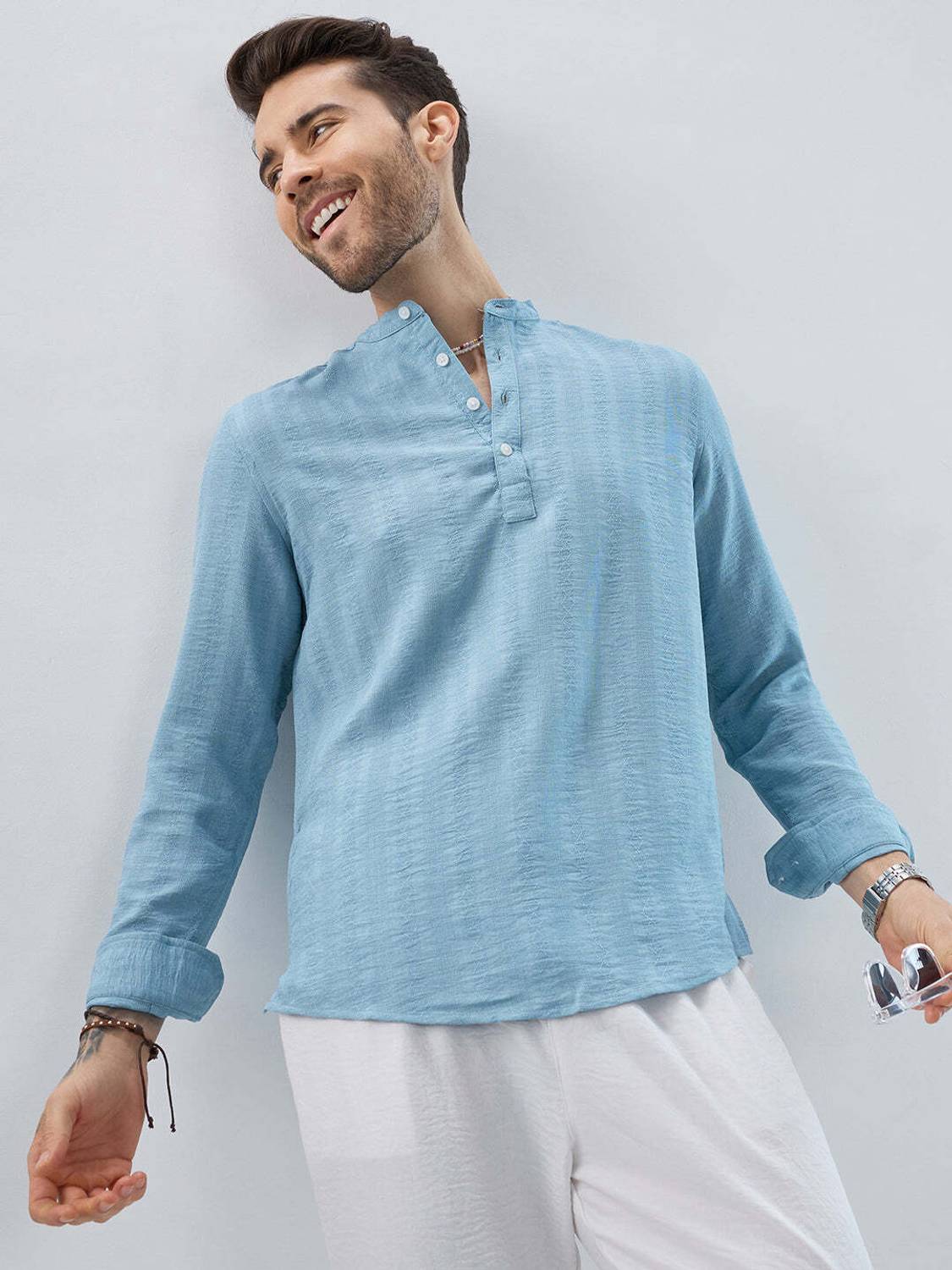 VASTRADO Men Blue Striped Straight Kurta