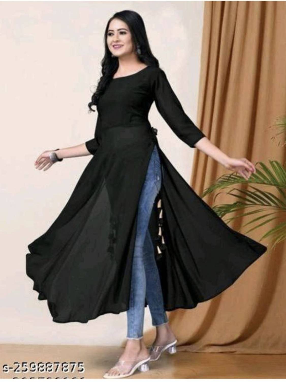 NITIN Women Solid Georgette A-line Kurta (Black)