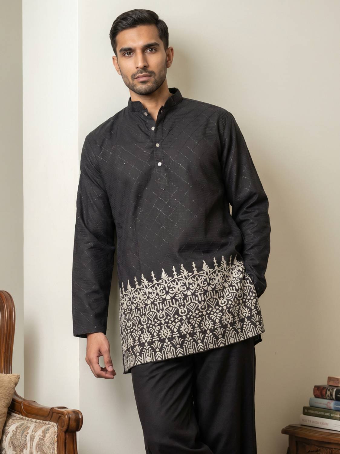 Jompers Men Embroidered Straight Kurta Black - Image 1