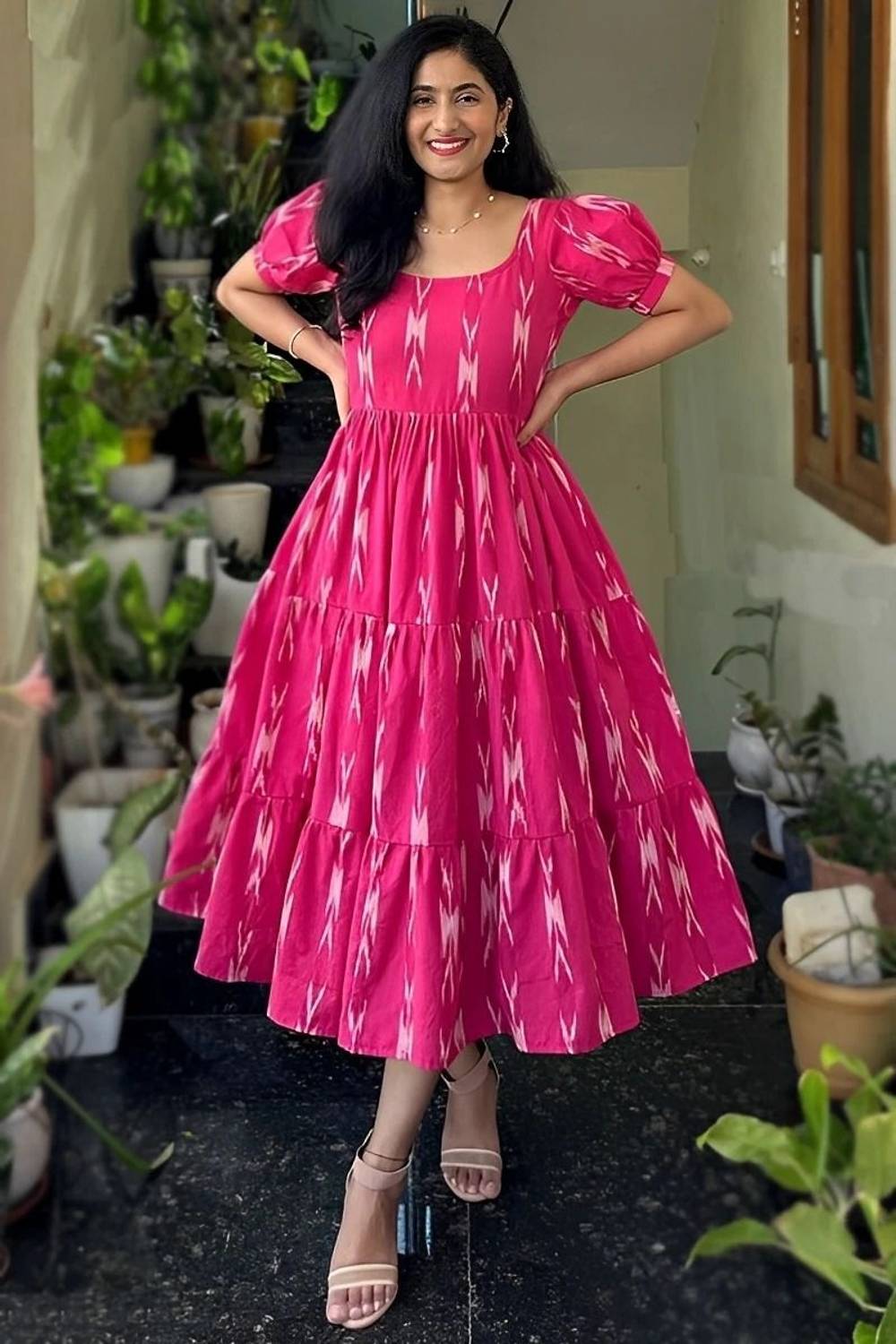 stylytic Women Ikat Cotton Blend Anarkali Kurta (Pink)