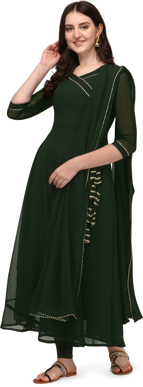Image of HESVI Solid Georgette Anarkali Kurta for Women (Green)