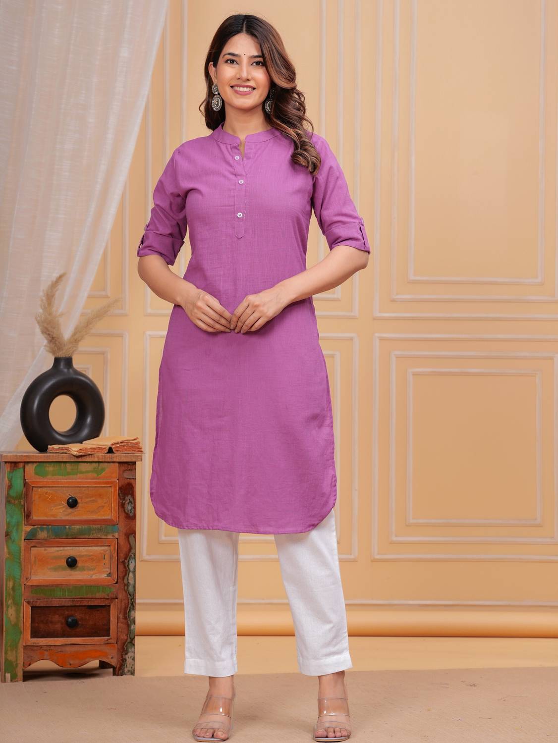 ufine Women Solid Cotton Blend A-line Kurta (Pink)