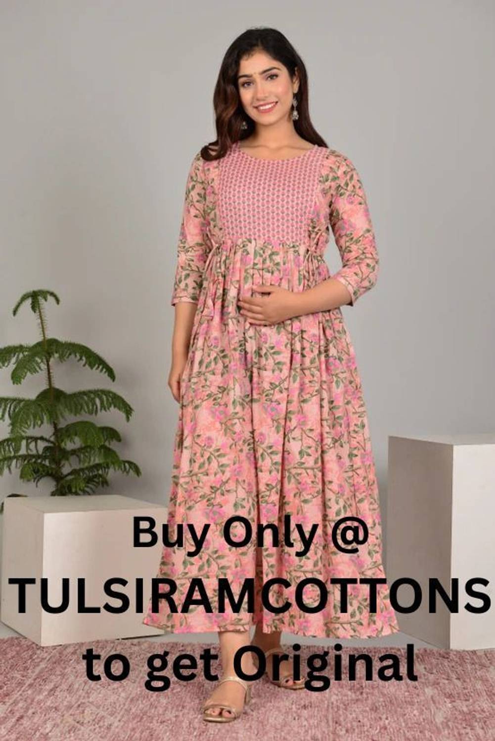 Tulsiram Women Printed Pure Cotton Anarkali Kurta (Pink, Green)