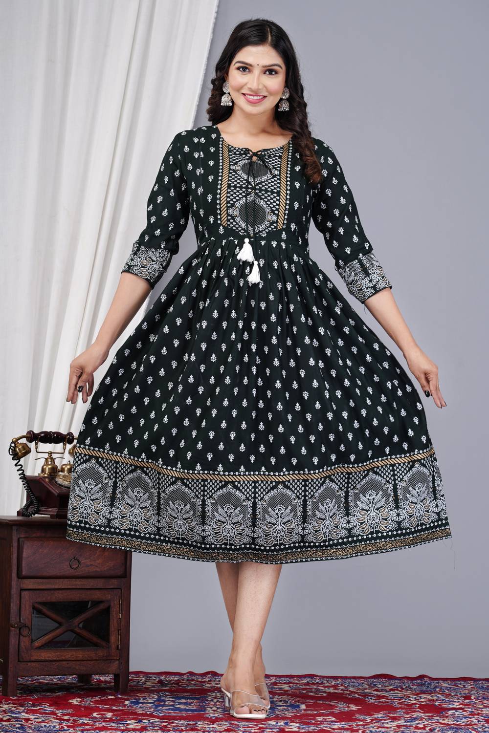 Classy Designer Women Embellished Viscose Rayon A-line Kurta (Gre