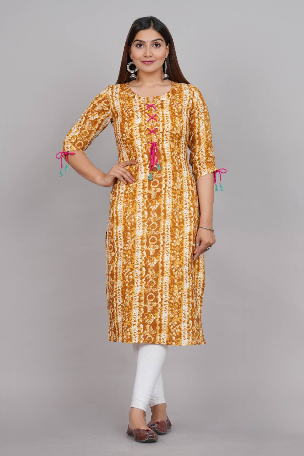 METAFAB Women Printed Viscose Rayon Straight Kurta (Yellow, White