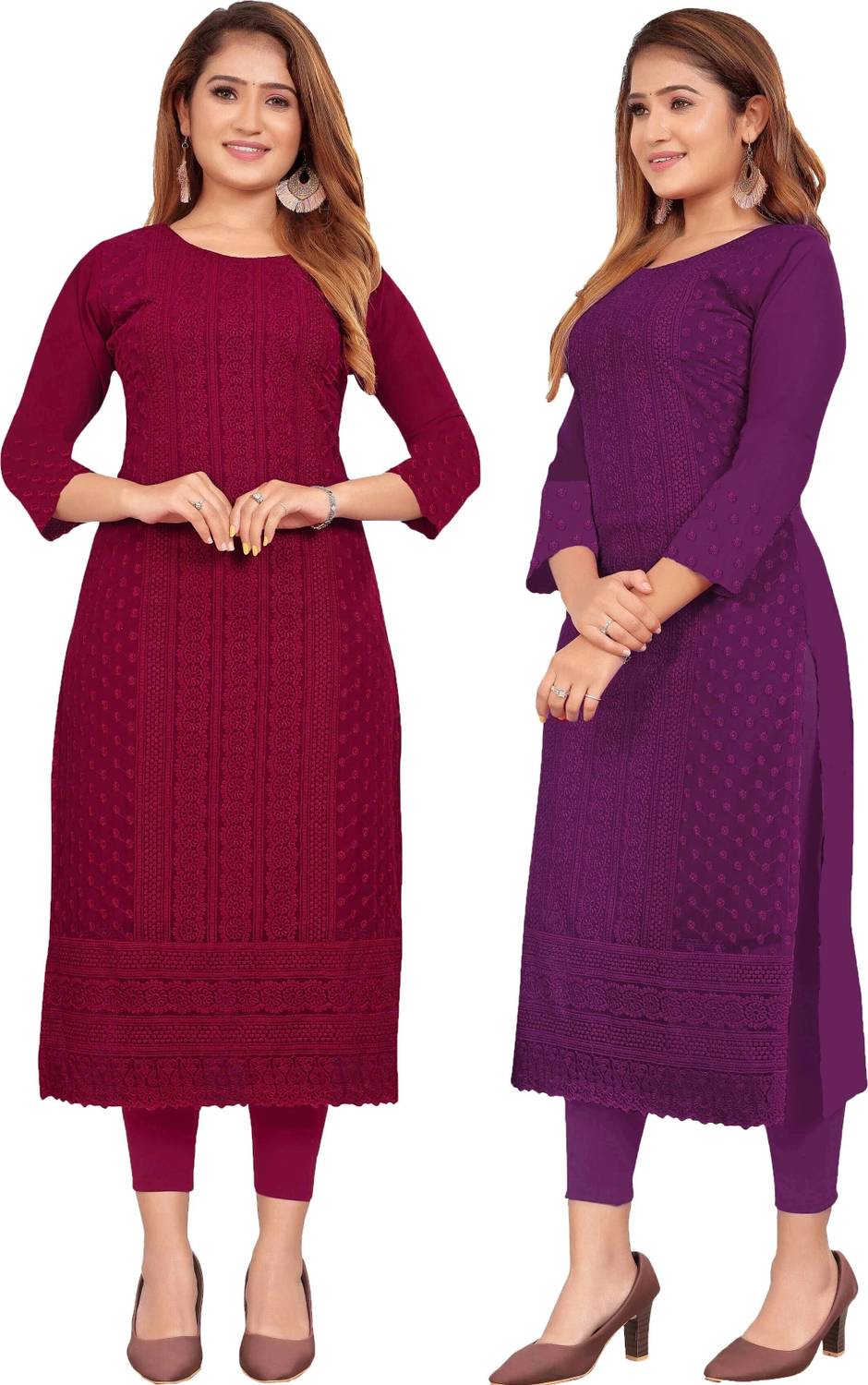 KAYRAAH Pack of 2 Women Chikan Embroidery Georgette Straight Kurt