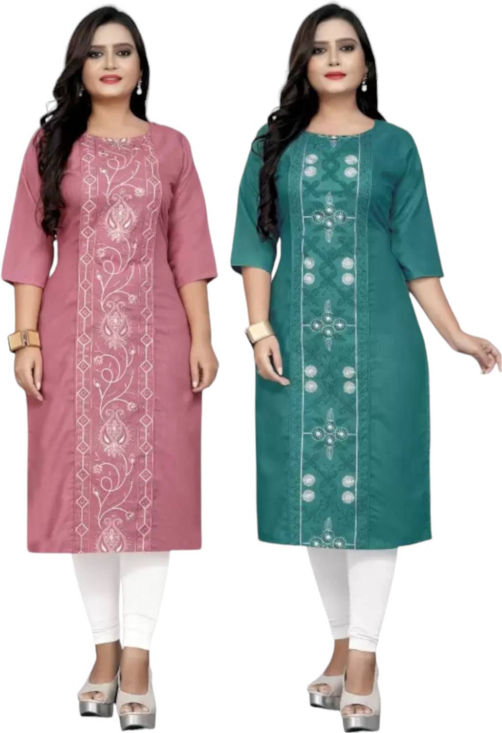 Ladylaz Pack of 2 Women Embroidered Cotton Blend A-line Kurta (Pi