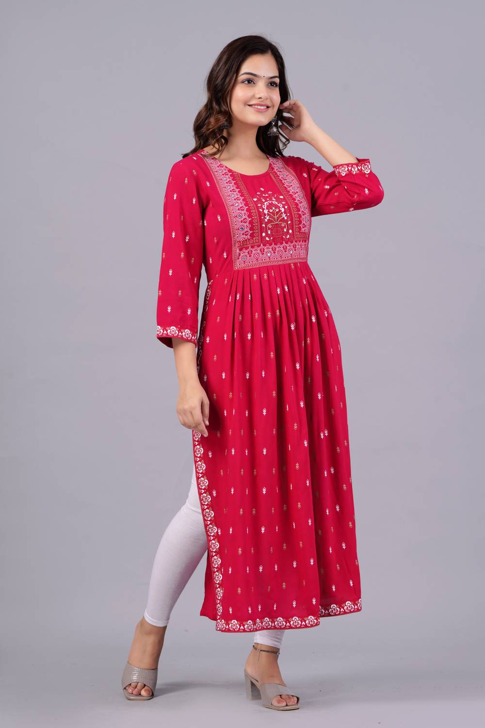 Saabhi Women Printed Viscose Rayon Flared Kurta (Pink)