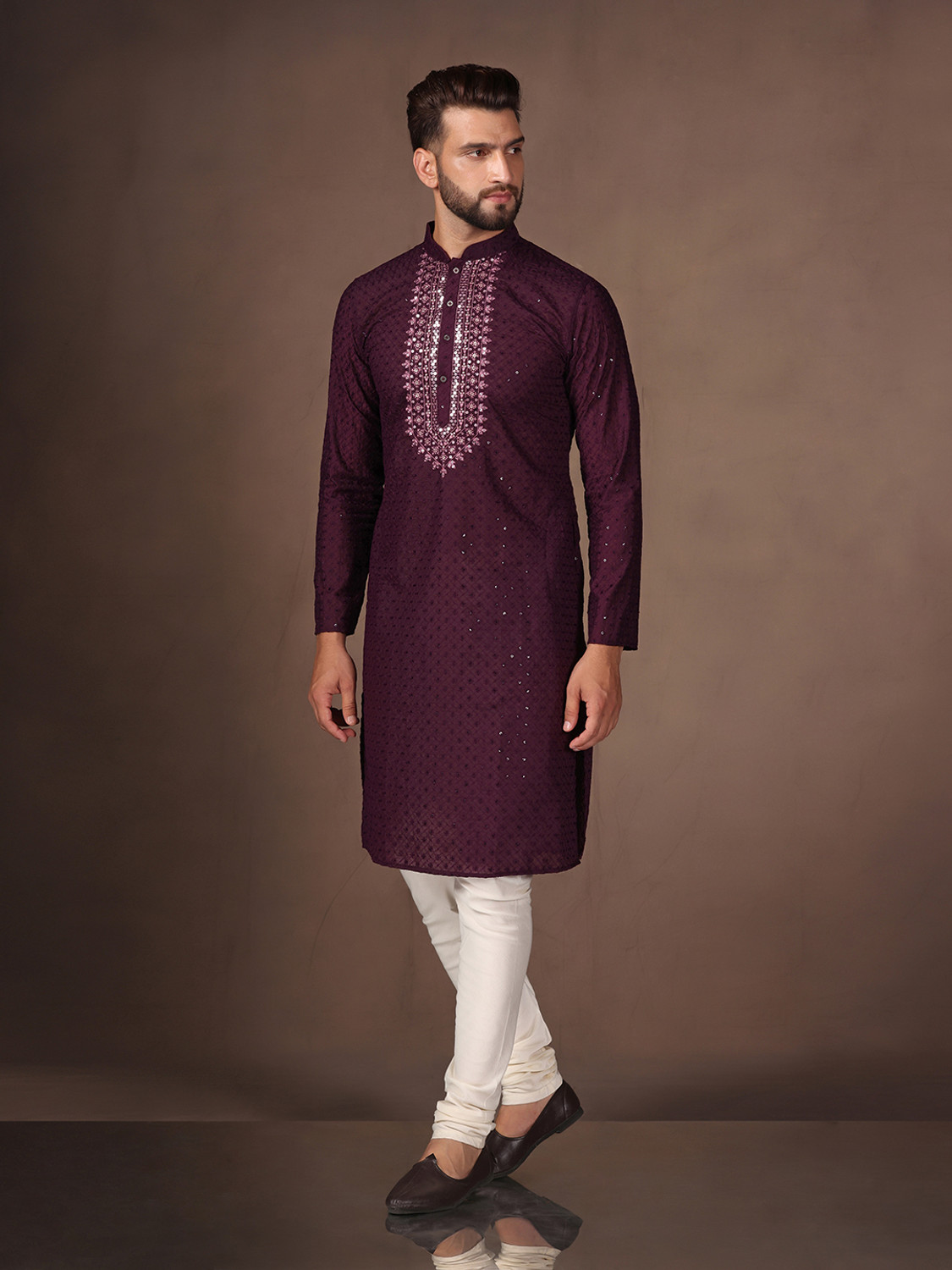 Image of Kisah Embellished Cotton Blend Straight Kurta for Men (Maroon)