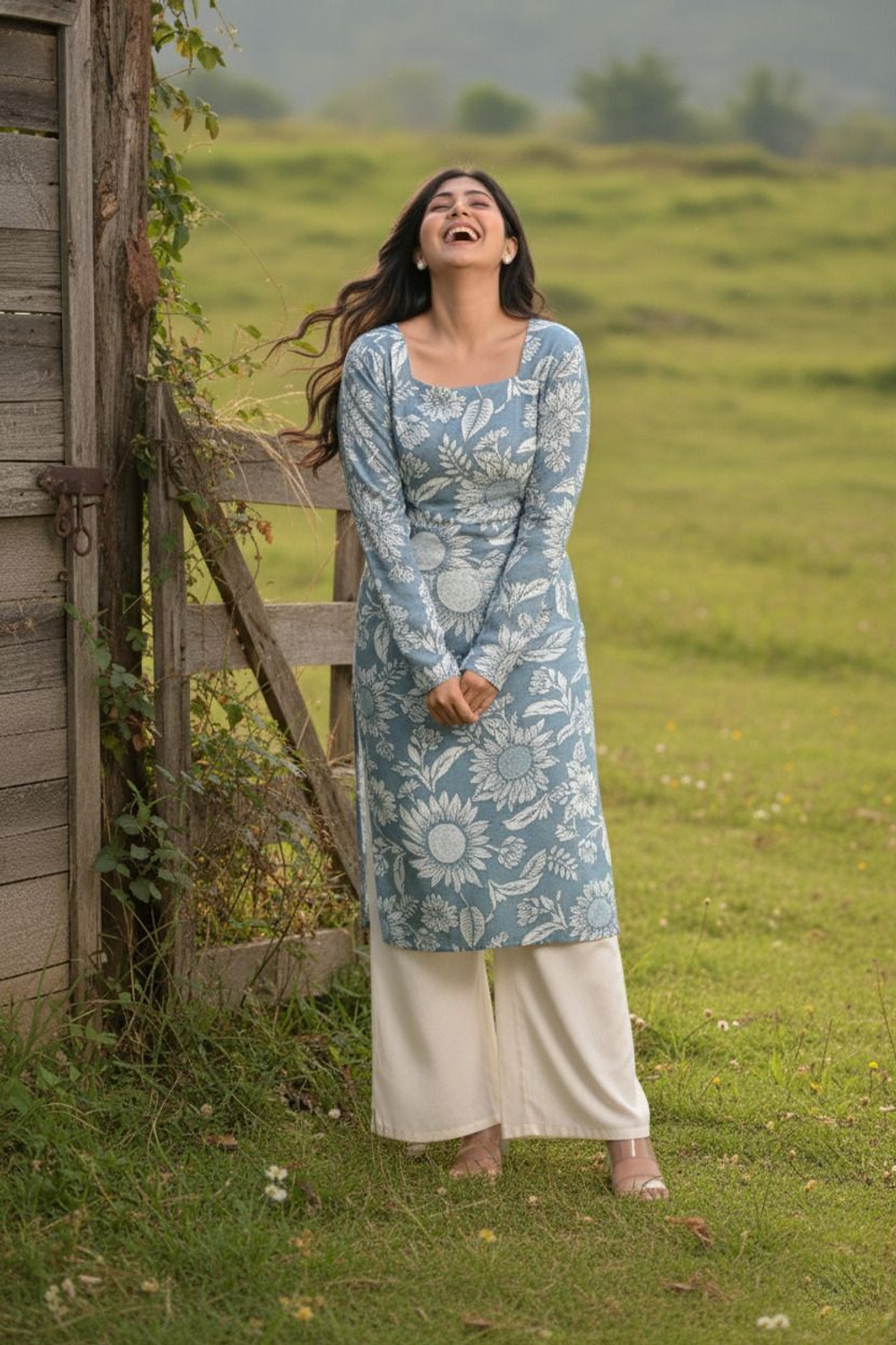 Image of CLANGER Floral Print Pure Cotton Straight Kurta for Women (Grey, Blue)