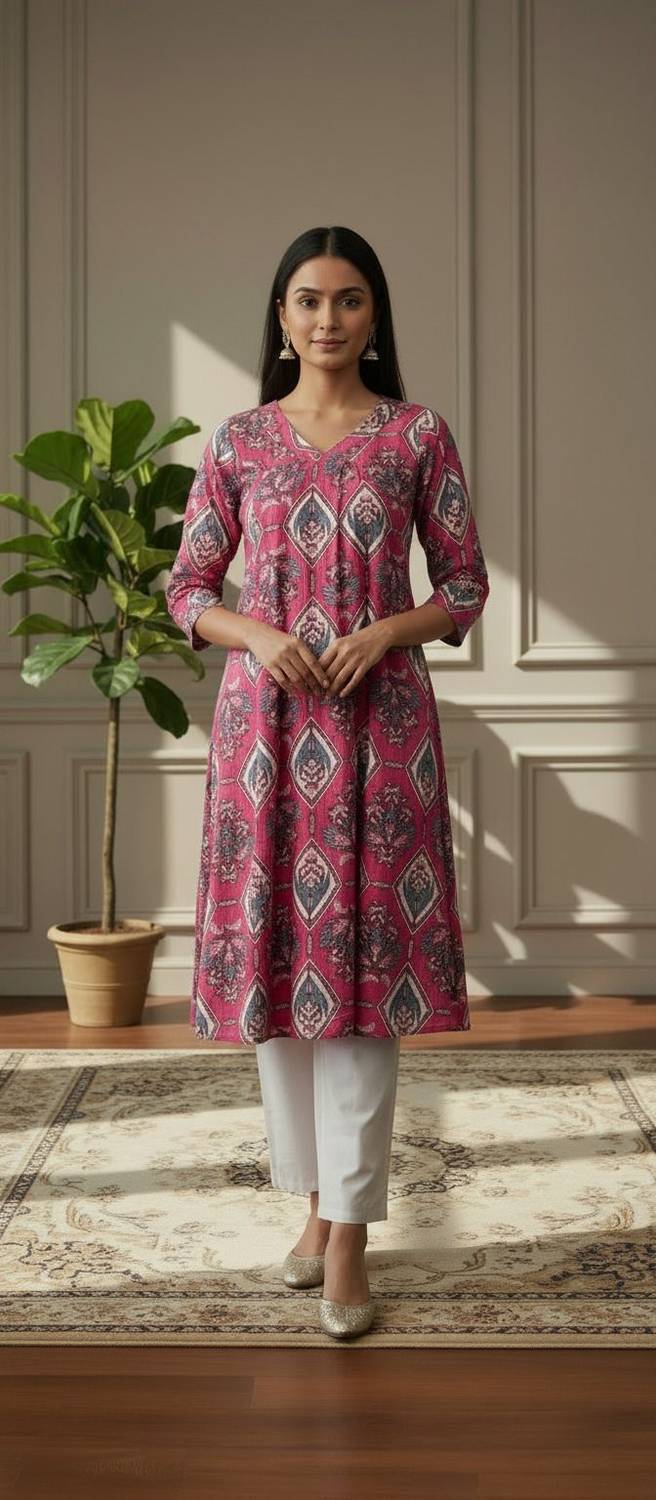 JINVARAM Women Floral Print Viscose Rayon A-line Kurta (Green, Pi