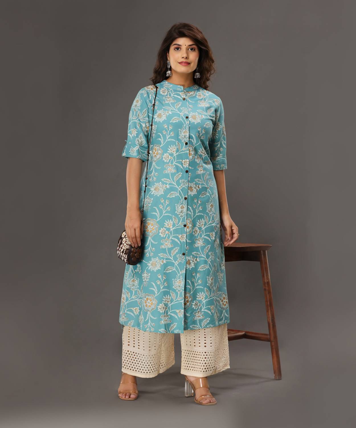 LOOMS21 Women Floral Print Viscose Rayon A-line Kurta (Light Blue