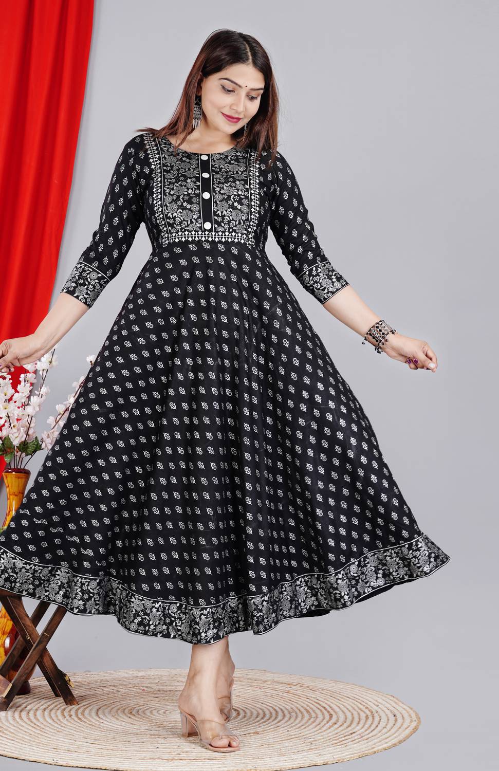 NANERA Women Printed Cotton Rayon Anarkali Kurta (Black)