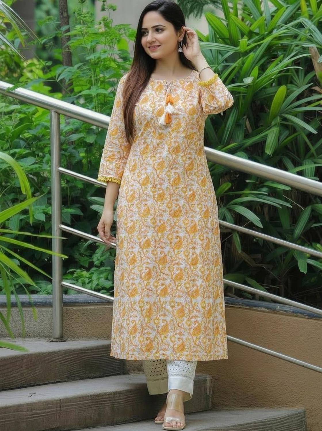 Sa Rasa Women Printed Viscose Rayon Straight Kurta (Yellow, Gold)