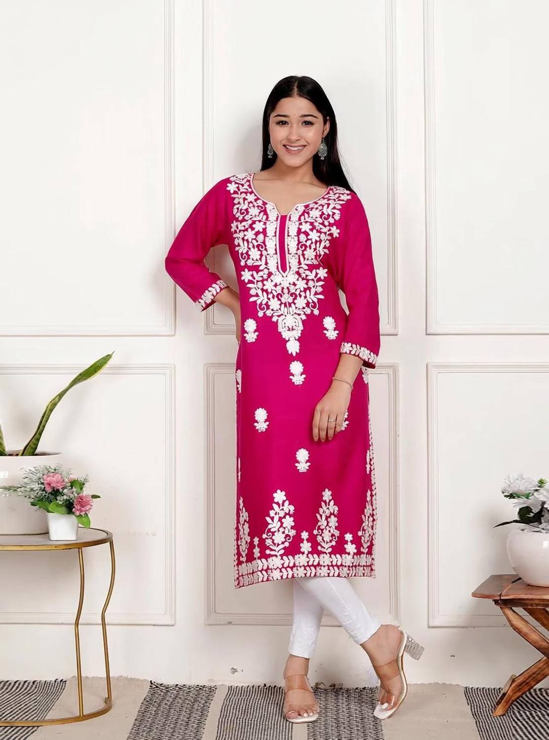 anushansa Women Chikan Embroidery Straight Kurta