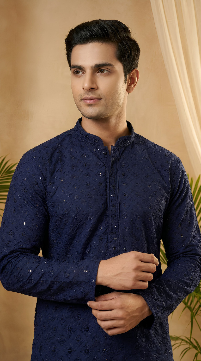 Image of ADHIRAJAN Men Embellished Straight Kurta