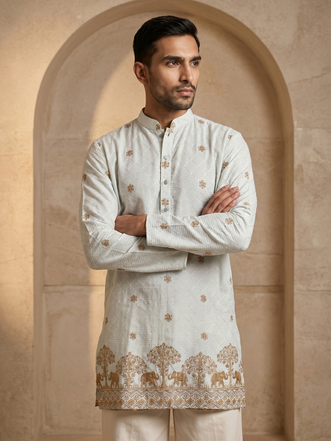 Image of Jompers Embroidered Cotton Blend Straight Kurta for Men (White)